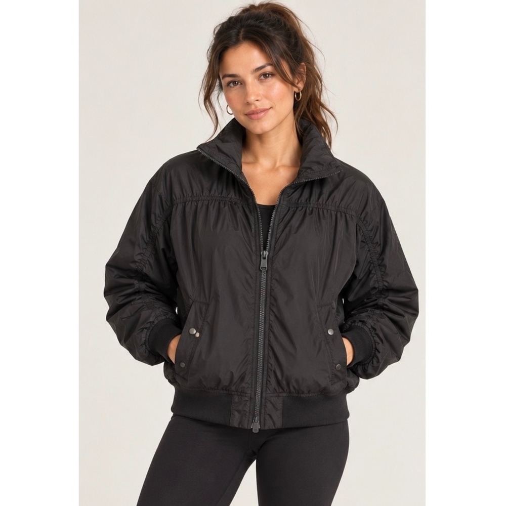 Athleta Point Reyes Bomber II Jacket Black Ruched Full Zip Stowaway Hood Size M